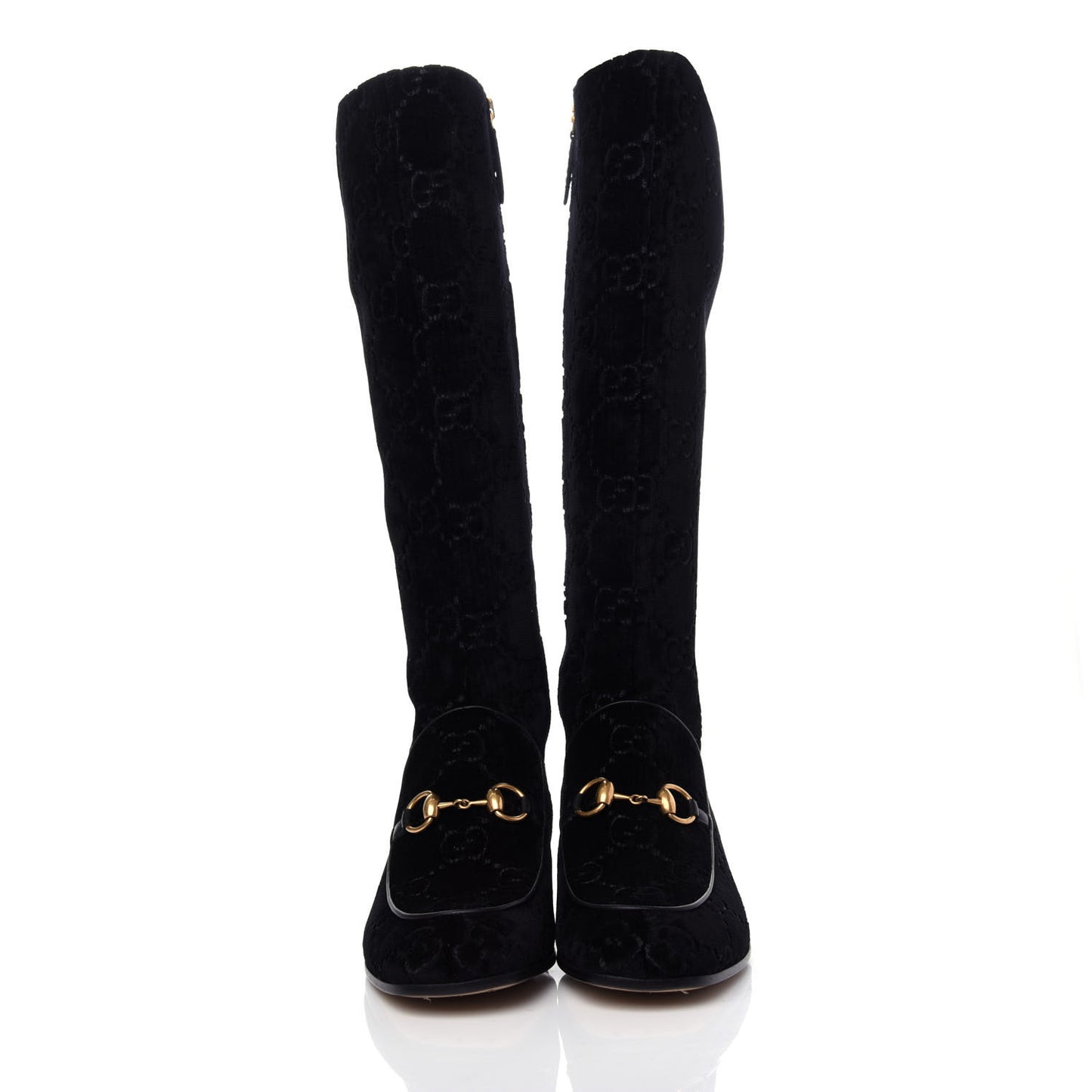 Velvet GG Monogram Crystal Horsebit Knee High Boots 37.5 Black