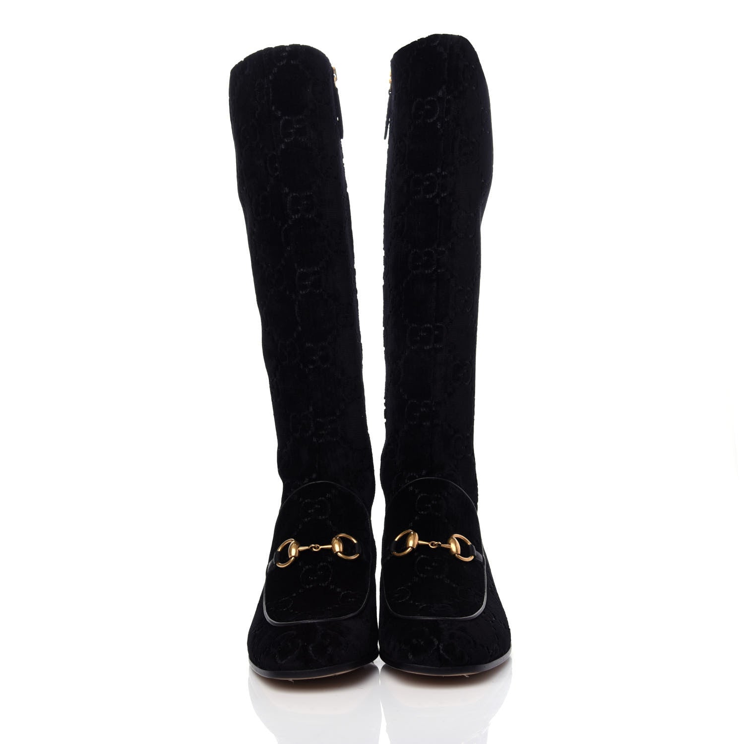 Gucci Velvet GG Monogram Crystal Horsebit Knee High Boots 37.5 Black 2 of 11