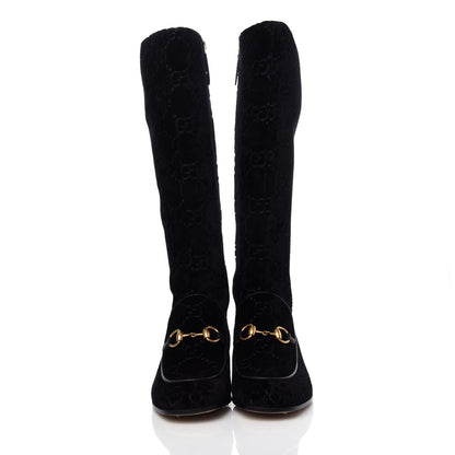 Gucci Velvet GG Monogram Crystal Horsebit Knee High Boots 37.5 Black 2 of 11