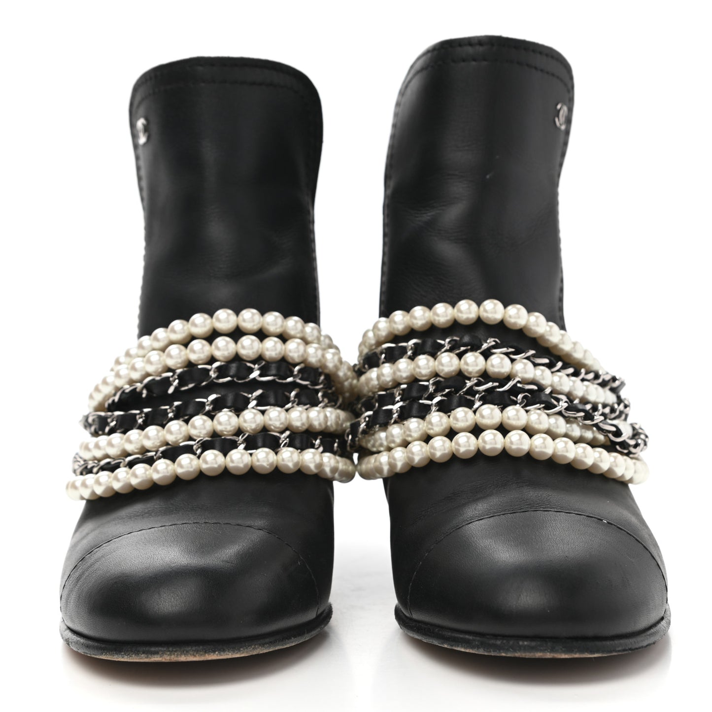 Calfskin Pearl Cap Toe Short Boots 37 Black