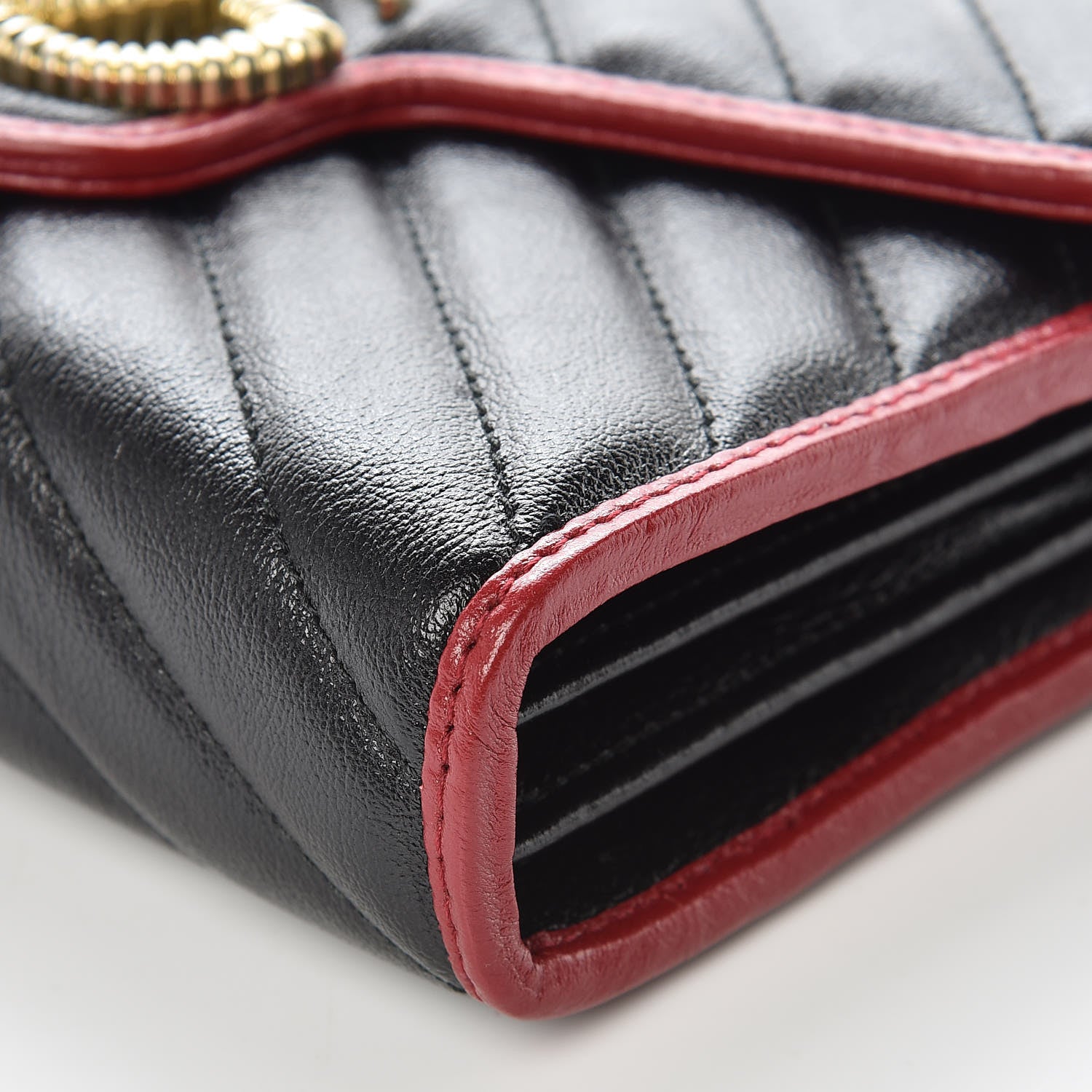 Gucci Vintage Effect Calfskin Matelasse Diagonal Torchon GG Marmont Chain Wallet Black Romantic Cherry 9 of 10