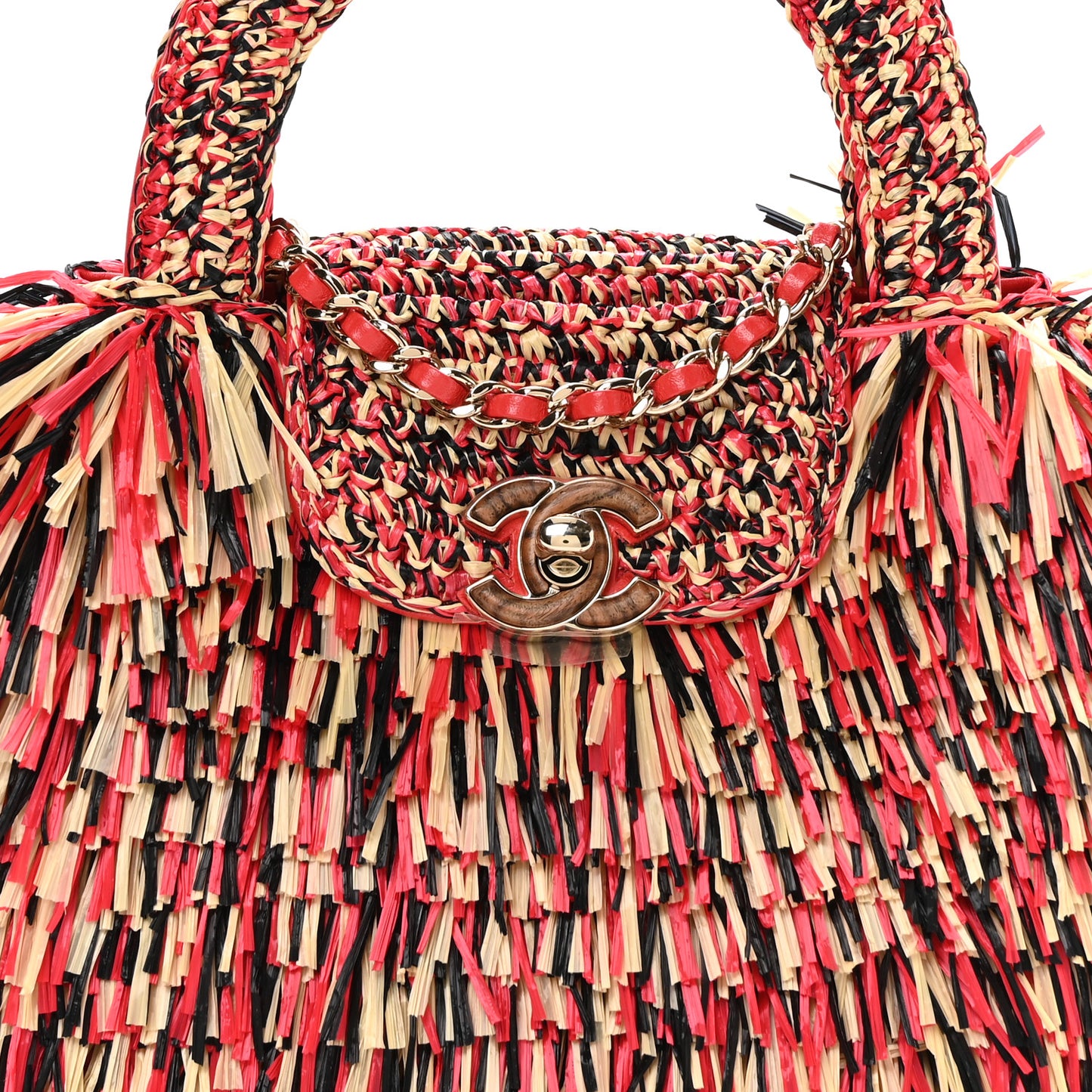 Raffia Fringe Nano Kelly Shopper Red Beige Black