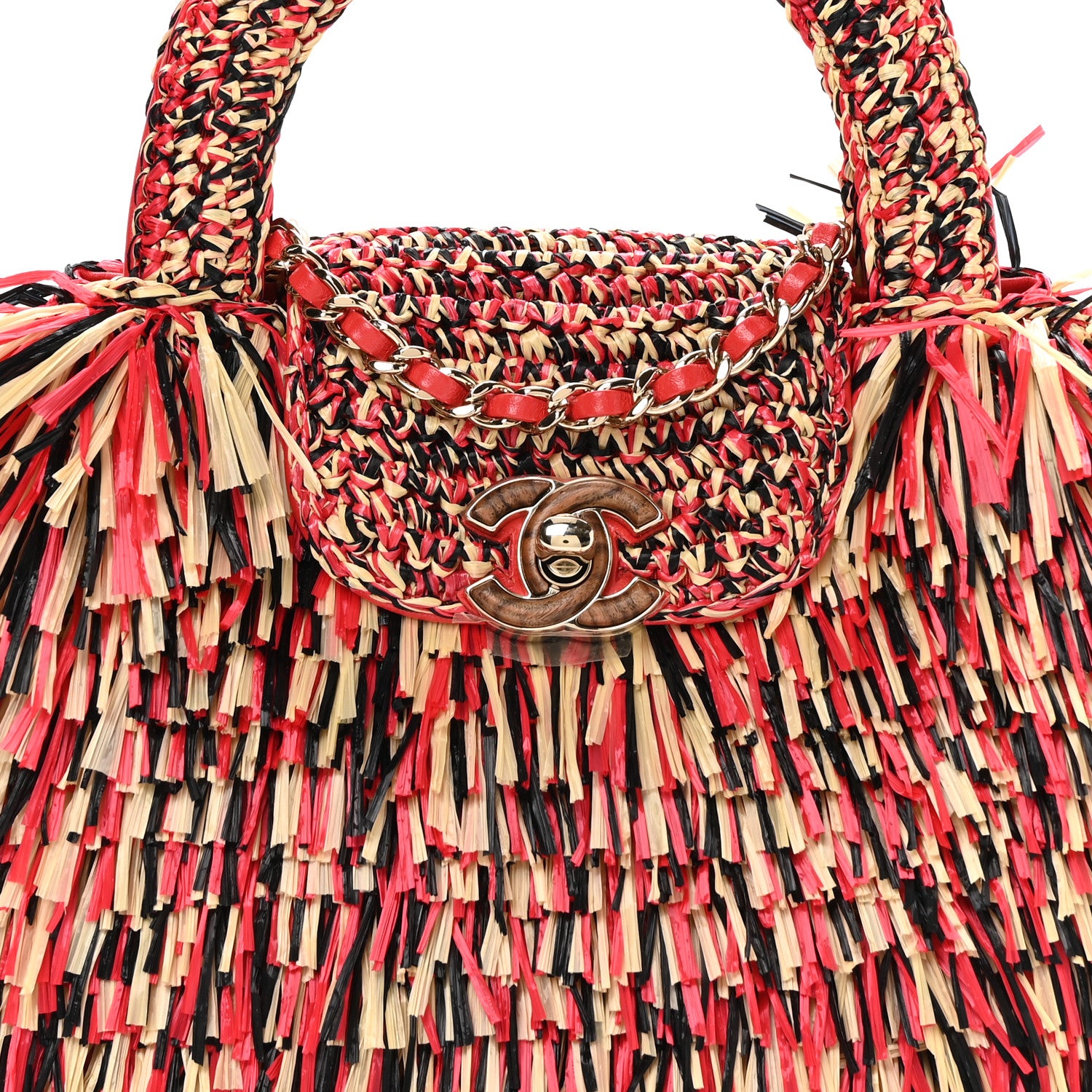 Chanel Raffia Fringe Nano Kelly Shopper Red Beige Black 8 of 11