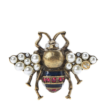 Gucci Metal Crystal Pearl Bee Ring 6.25 Aged Gold 1 of 5