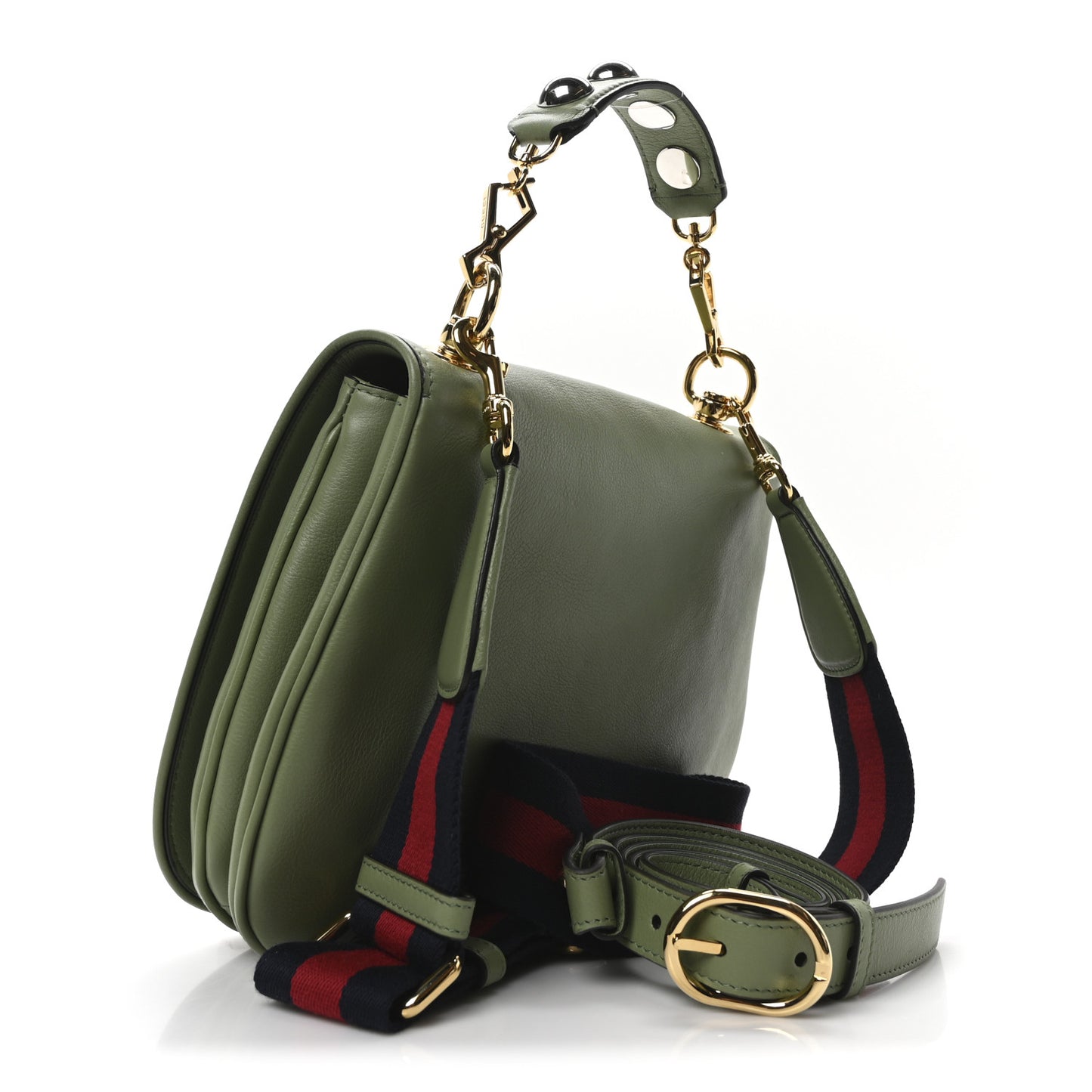 Roxy Calfskin Web Medium Blondie Top Handle Shoulder Flap Bag Salamander Green