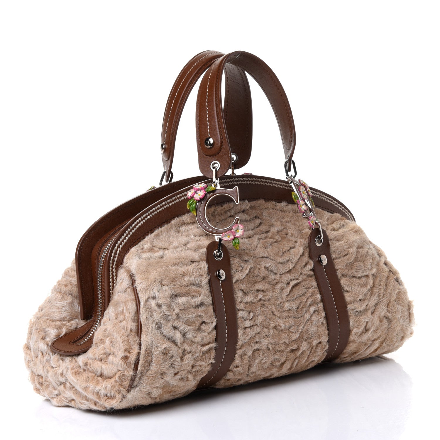 Christian Dior Astrakhan Calfskin Enamel Flower Medium Frame Satchel Beige 2 of 4