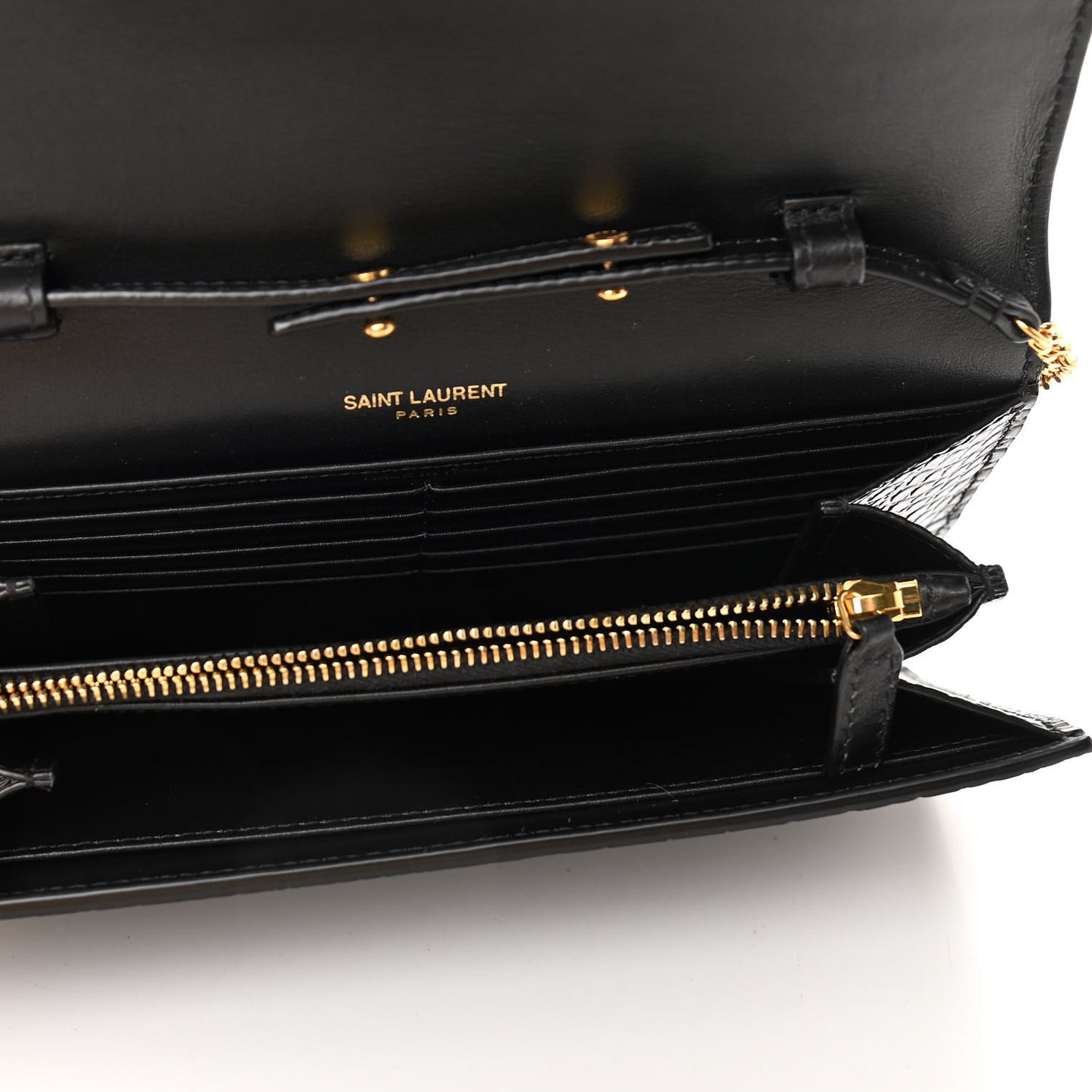 Calfskin Crocodile Embossed Monogram Chain Wallet Black