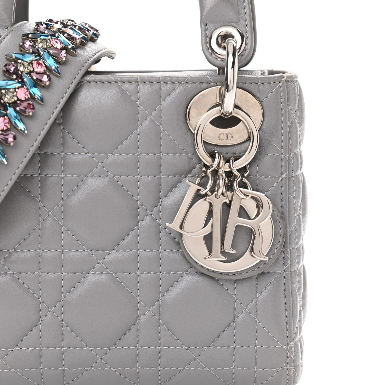 Christian Dior Lambskin Cannage Mini Lady Dior Crystal Strap Grey 7 of 11