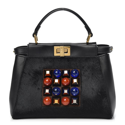 Fendi Pony Hair Studded Mini Peekaboo Iconic Satchel Black 1 of 11