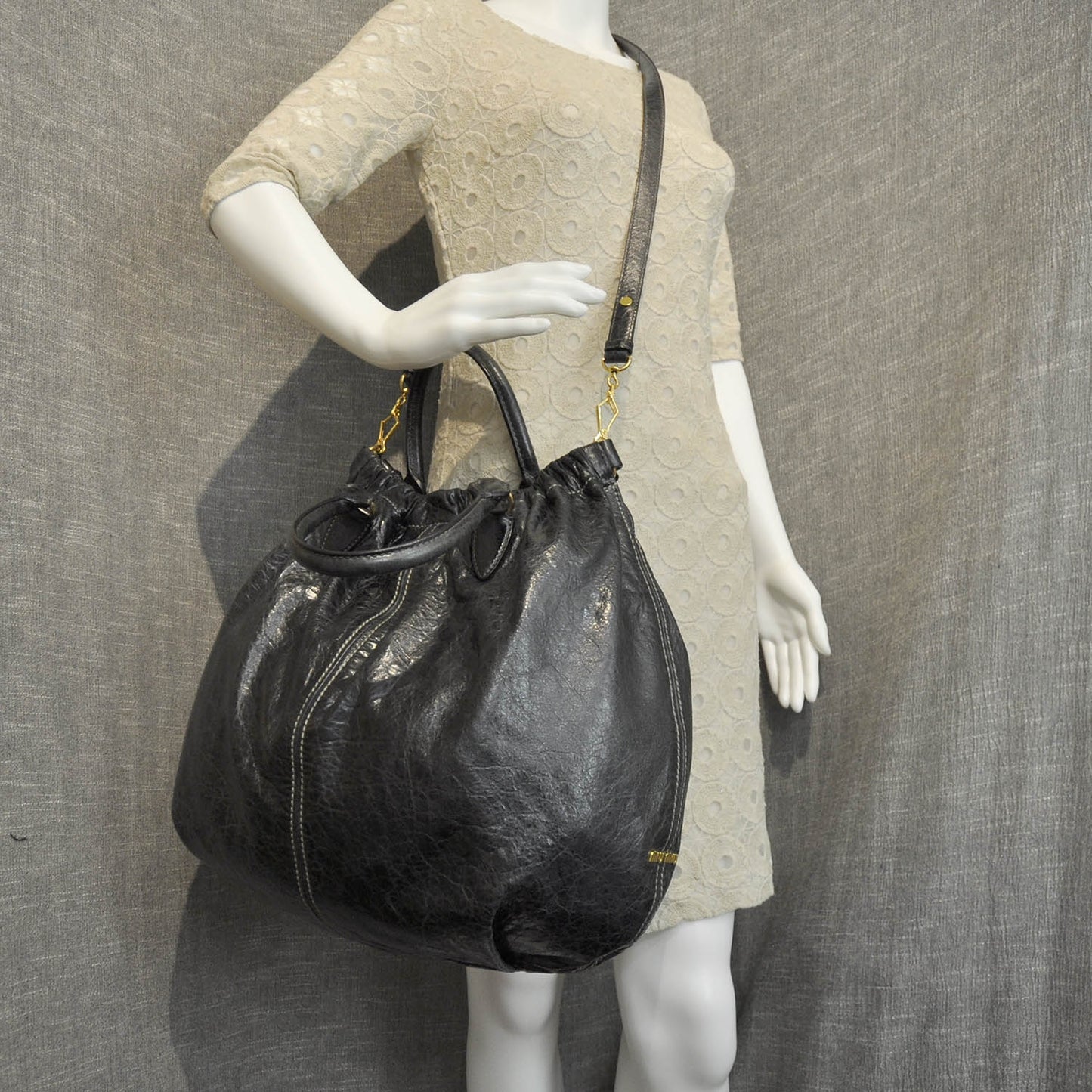 Leather Gathered Tote Black