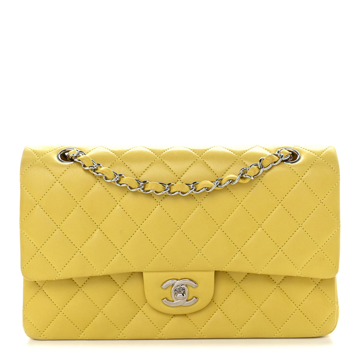 Lambskin Quilted Medium Double Flap Yellow