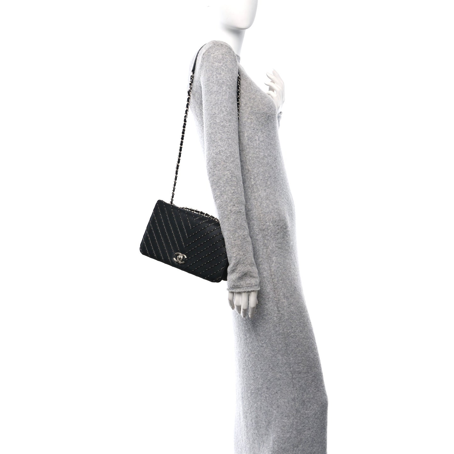 Calfskin Studded Chevron Quilted Flap Black