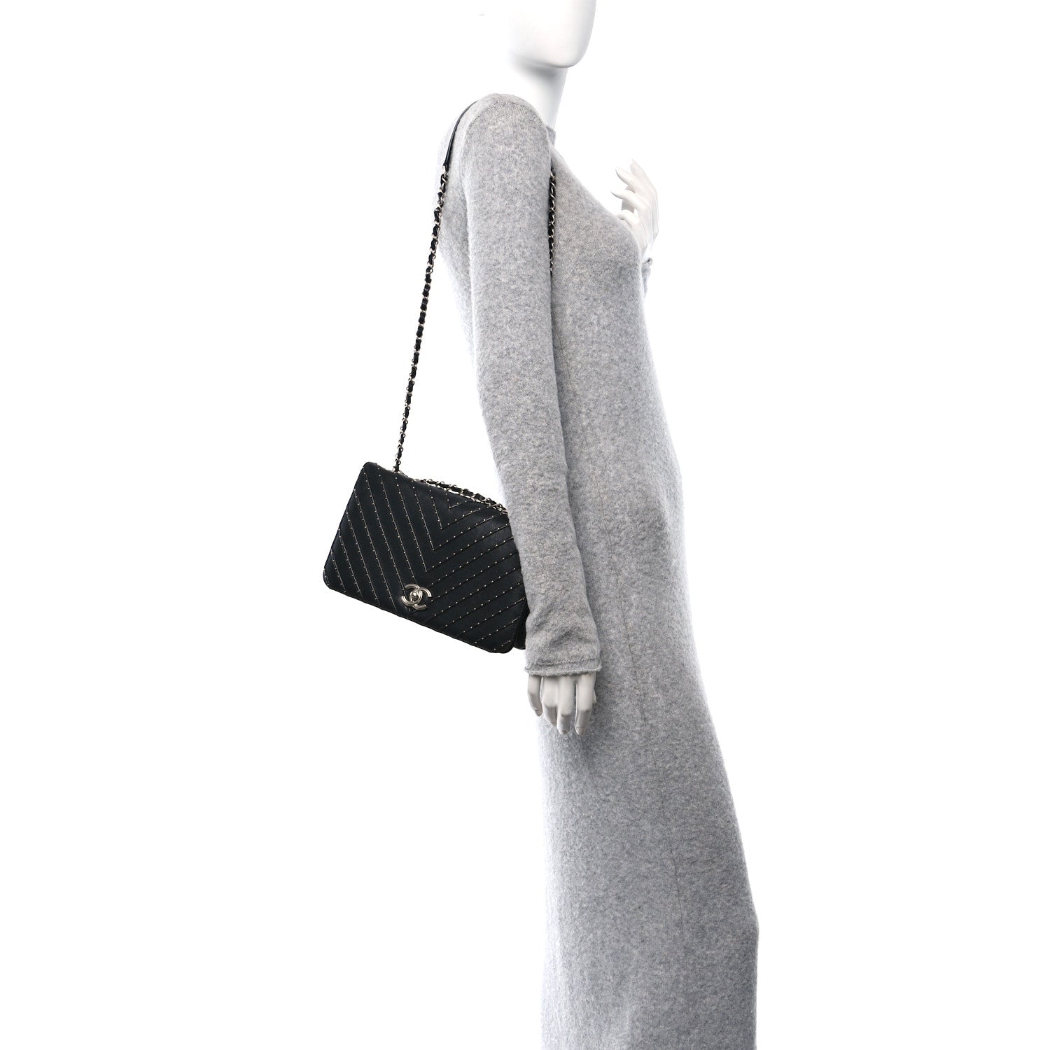 Chanel Calfskin Studded Chevron Quilted Flap Black 2 of 12