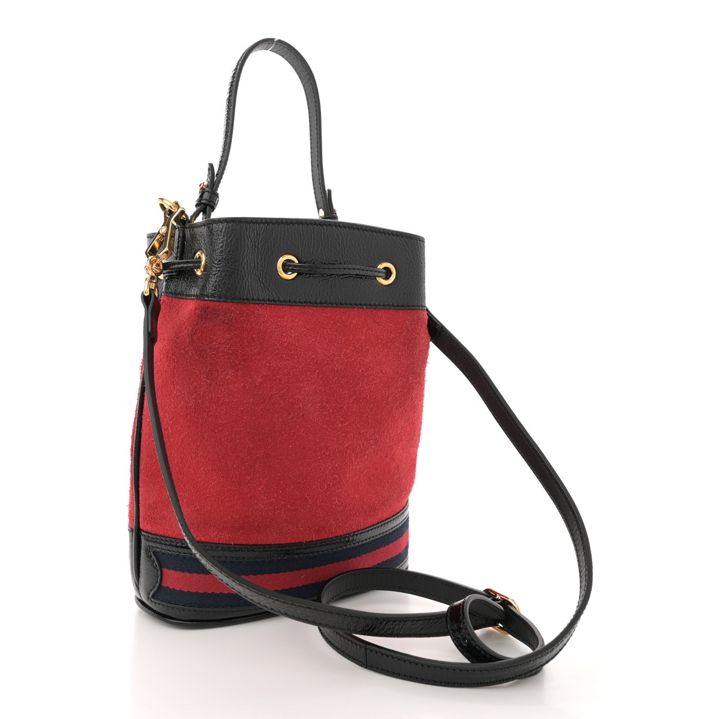Suede Patent Web Small Ophidia Bucket Bag Hibiscus Red Black