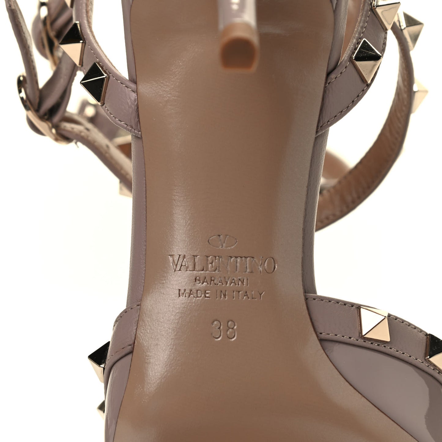 Patent Nappa Rockstud Ankle Strap 65mm Pumps 38 Poudre