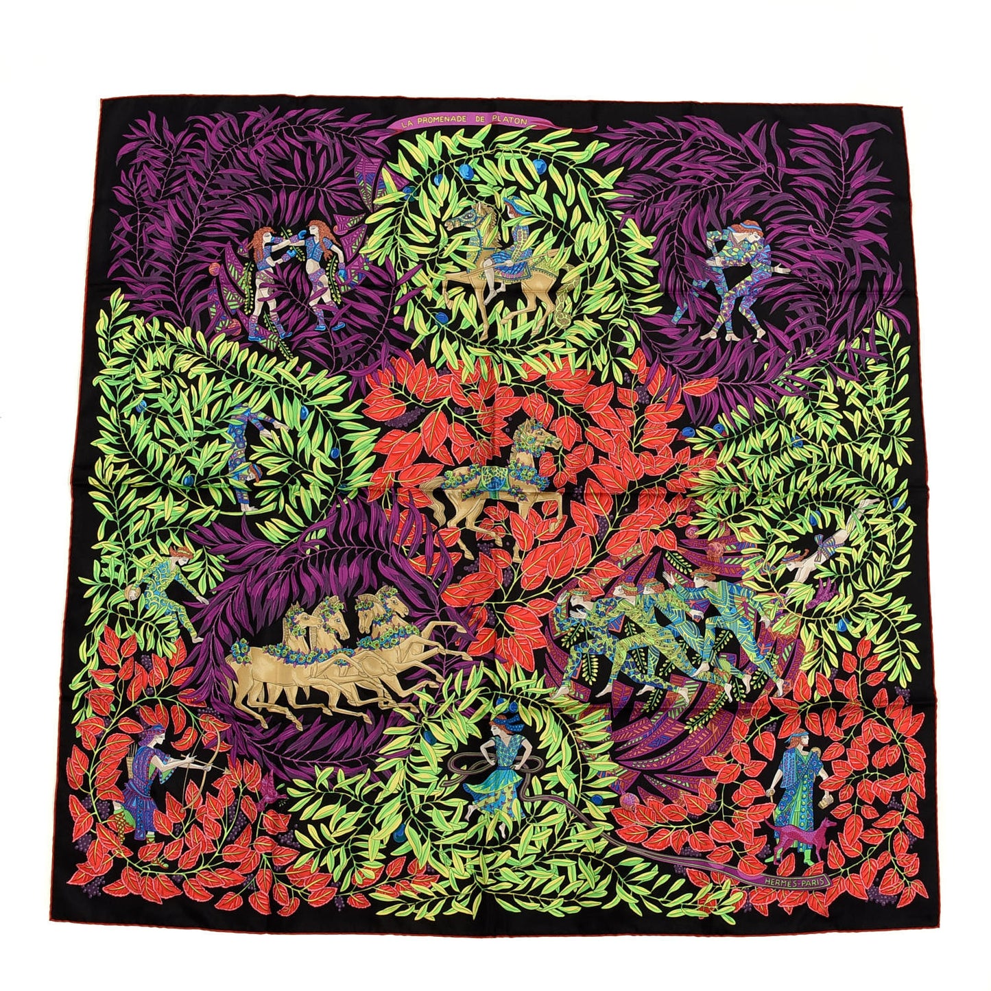 Silk La Promenade De Platon Scarf 90 Black Vert Fluo Vermillon