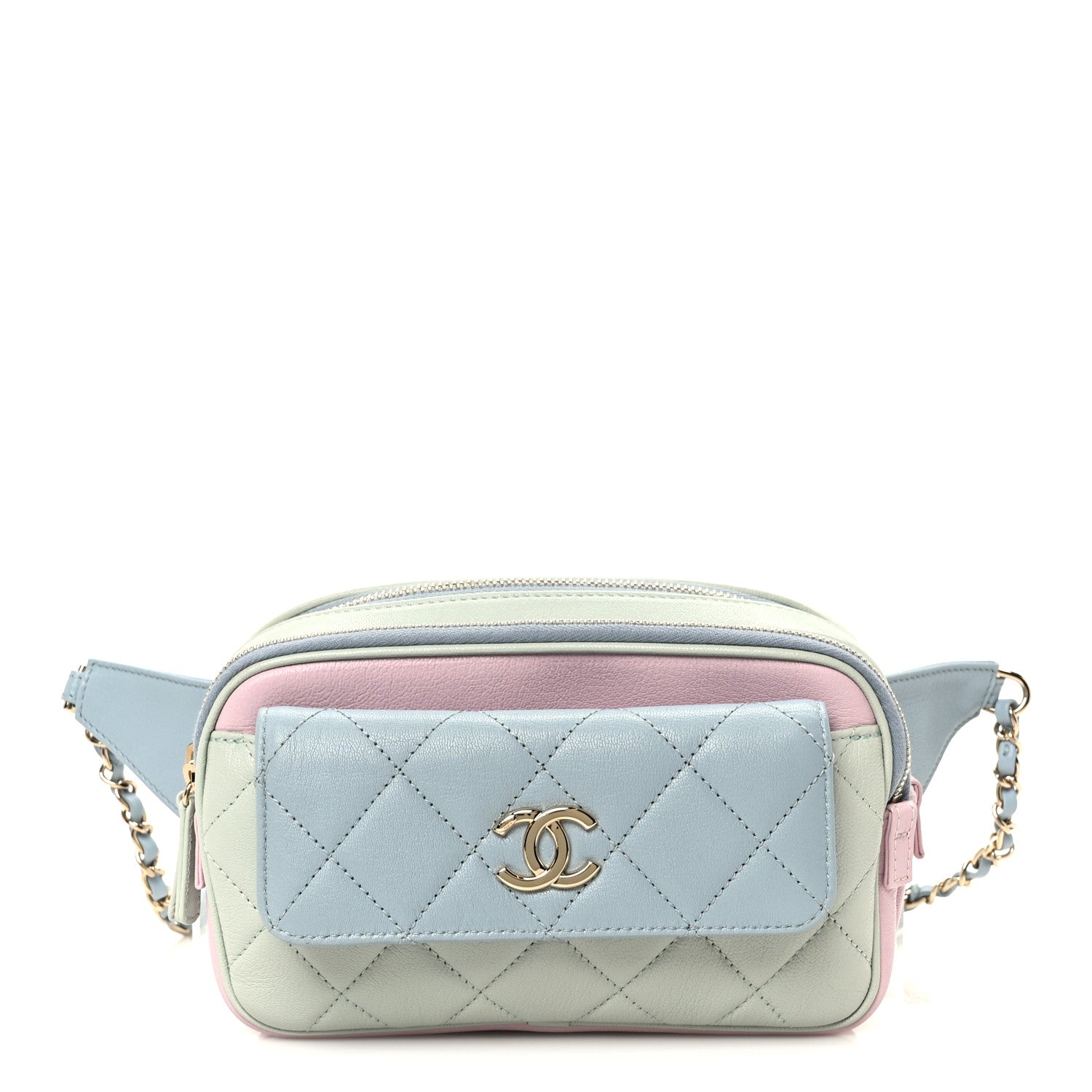 Chanel Goatskin Quilted Tri-Color In & Out Waist Bag Green Blue Pink 1 of 14