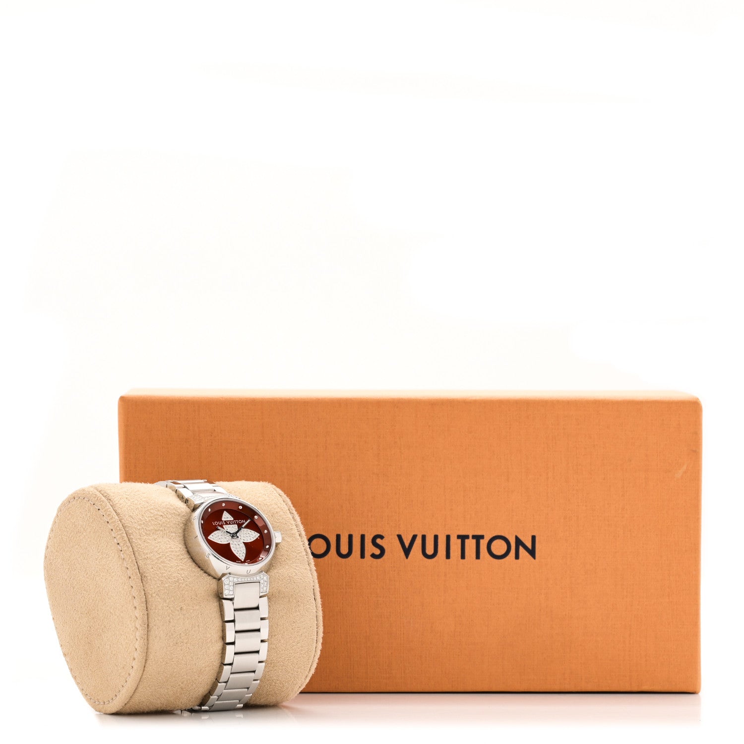 Louis Vuitton Stainless Steel Diamond 28mm Tambour Forever Pom Quartz Watch Red 8 of 8