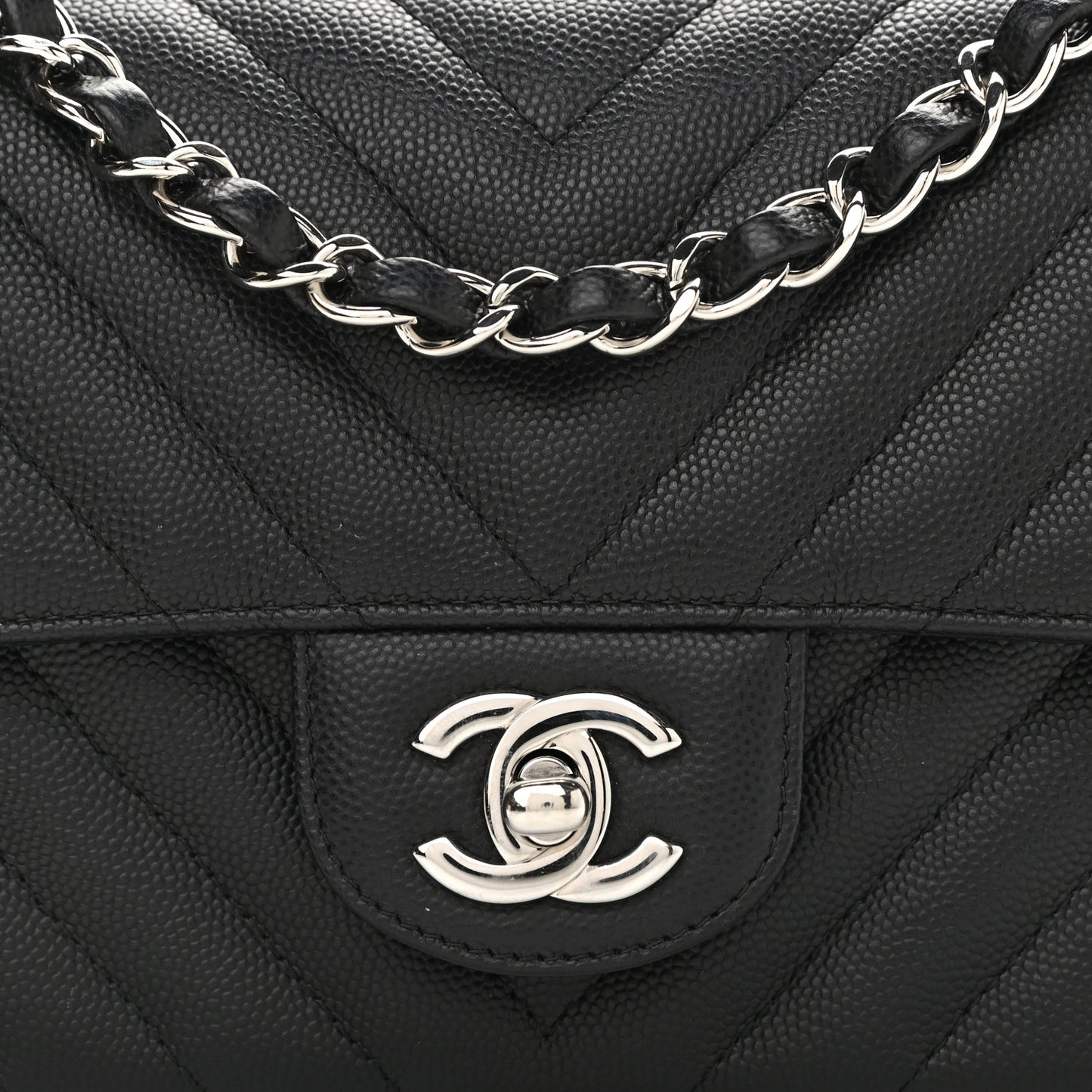 Caviar Chevron Quilted Mini Rectangular Flap Black