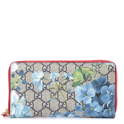 Gucci GG Supreme Monogram Blooms Zip Around Wallet Blue Red 1 of 13
