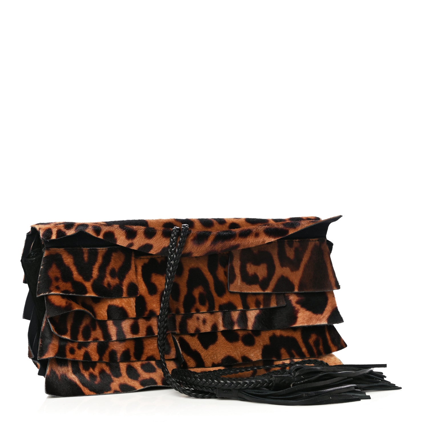 Saint Laurent Calf Hair Ruffle Leopard Print Fold-Over Clutch Black 3 of 12