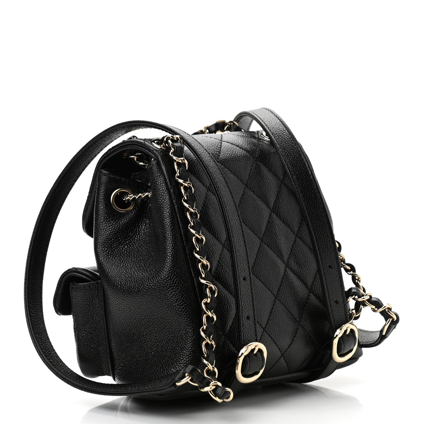 Shiny Caviar Quilted Small Duma Pockets Drawstring Backpack Black