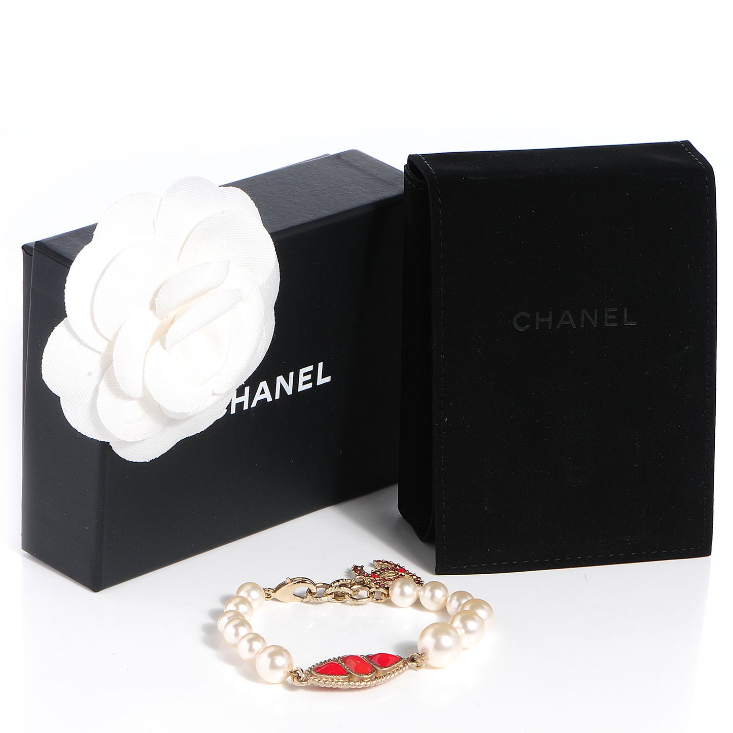 Enamel Pearl CC Bracelet Gold Red