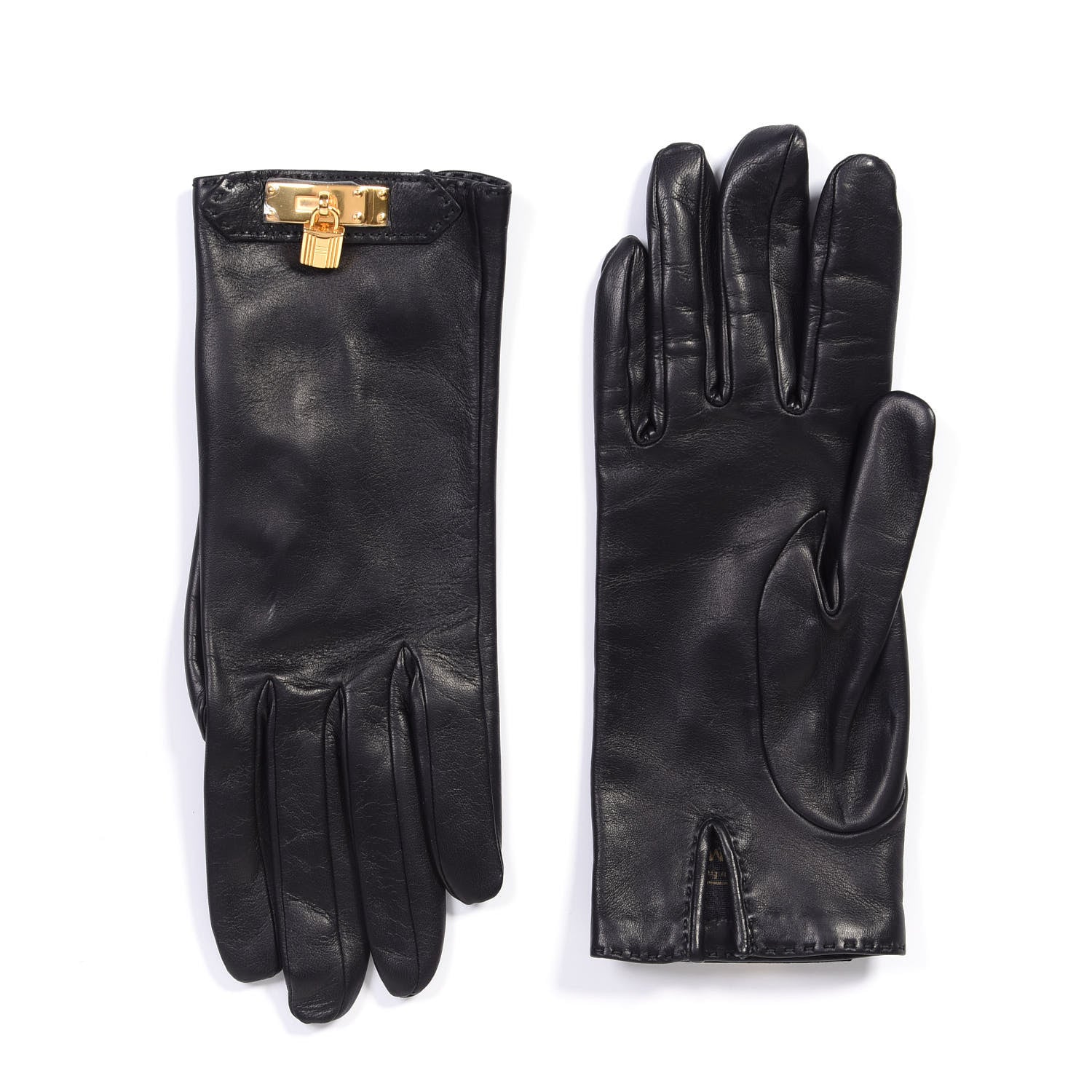Hermes Lambskin Soya Kelly Lock Gloves 6.5 Black 1 of 3