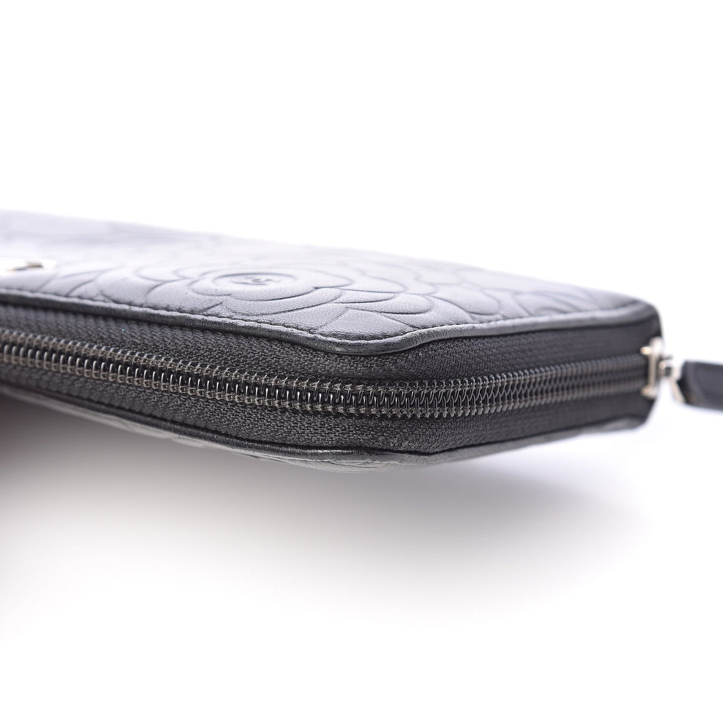 Lambskin Camellia Embossed Large Zip Around Gusset Wallet Black