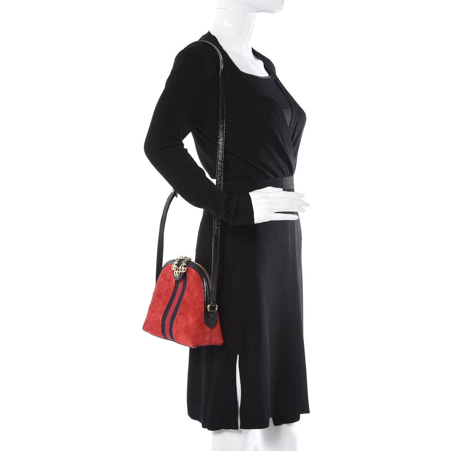 Suede Patent Web GG Small Ophidia Dome Shoulder Bag Hibiscus Red