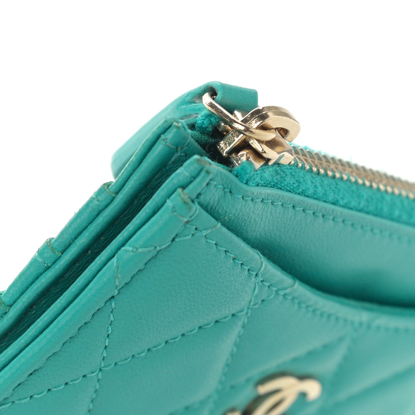 Lambskin Quilted Zip Card Holder Turquoise