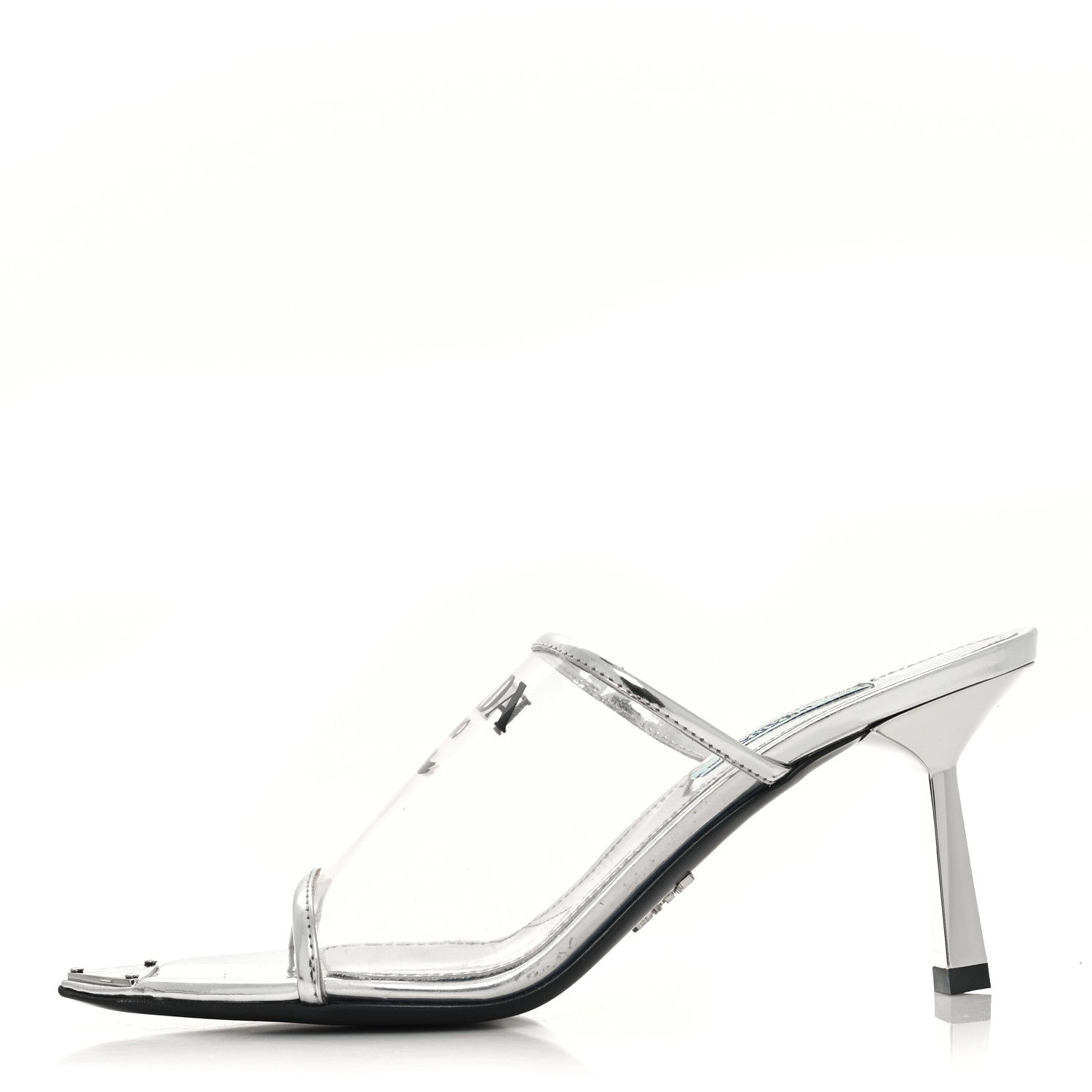 Prada Plexiglass Metallic Calfskin Metal Triangle Logo 75mm Slide Sandals 35 Argento 1 of 8