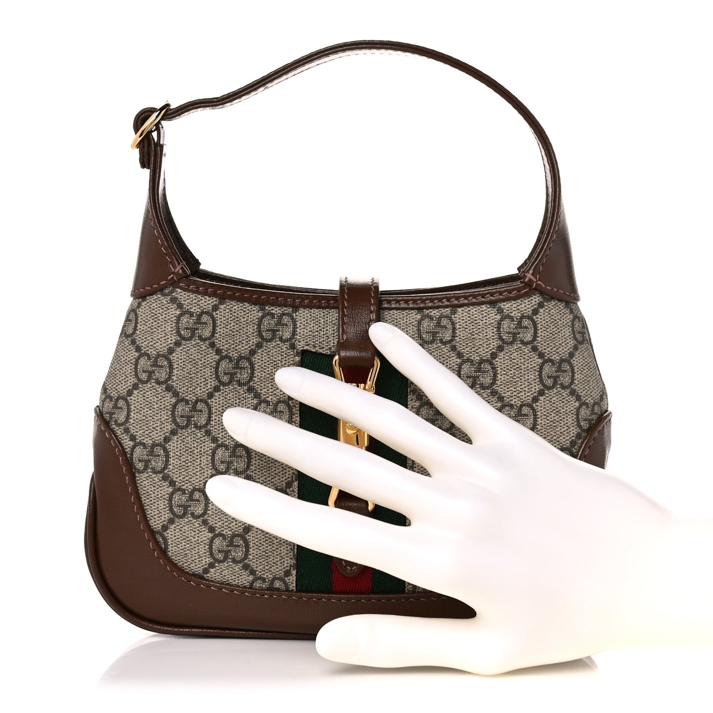 GG Supreme Monogram Azalea Calfskin Web Mini Jackie 1961 Hobo Beige Ebony Brown Sugar