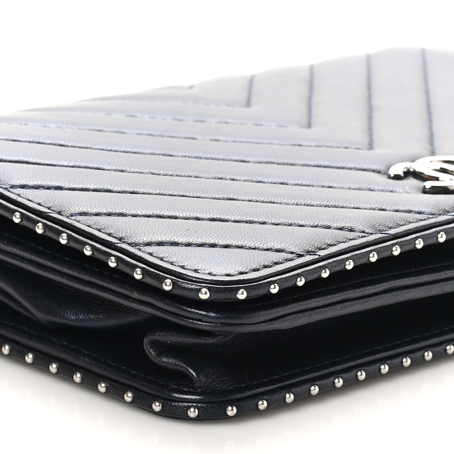 Lambskin Chevron Quilted Studded Wallet On Chain WOC Navy