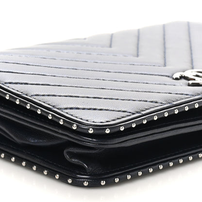 Chanel Lambskin Chevron Quilted Studded Wallet On Chain WOC Navy 9 of 13