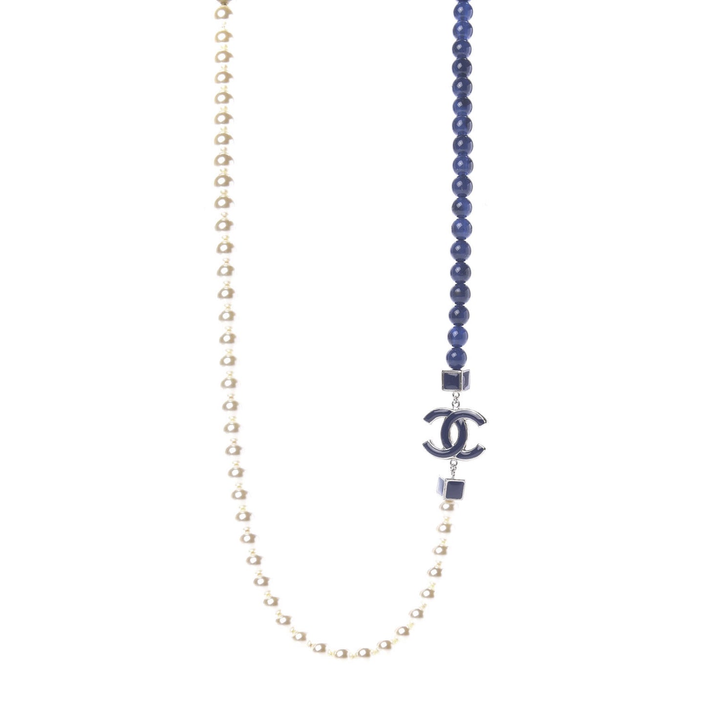 Pearl Bead Enamel CC Long Necklace Pearly White Blue