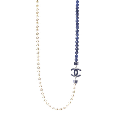 Chanel Pearl Bead Enamel CC Long Necklace Pearly White Blue 1 of 7