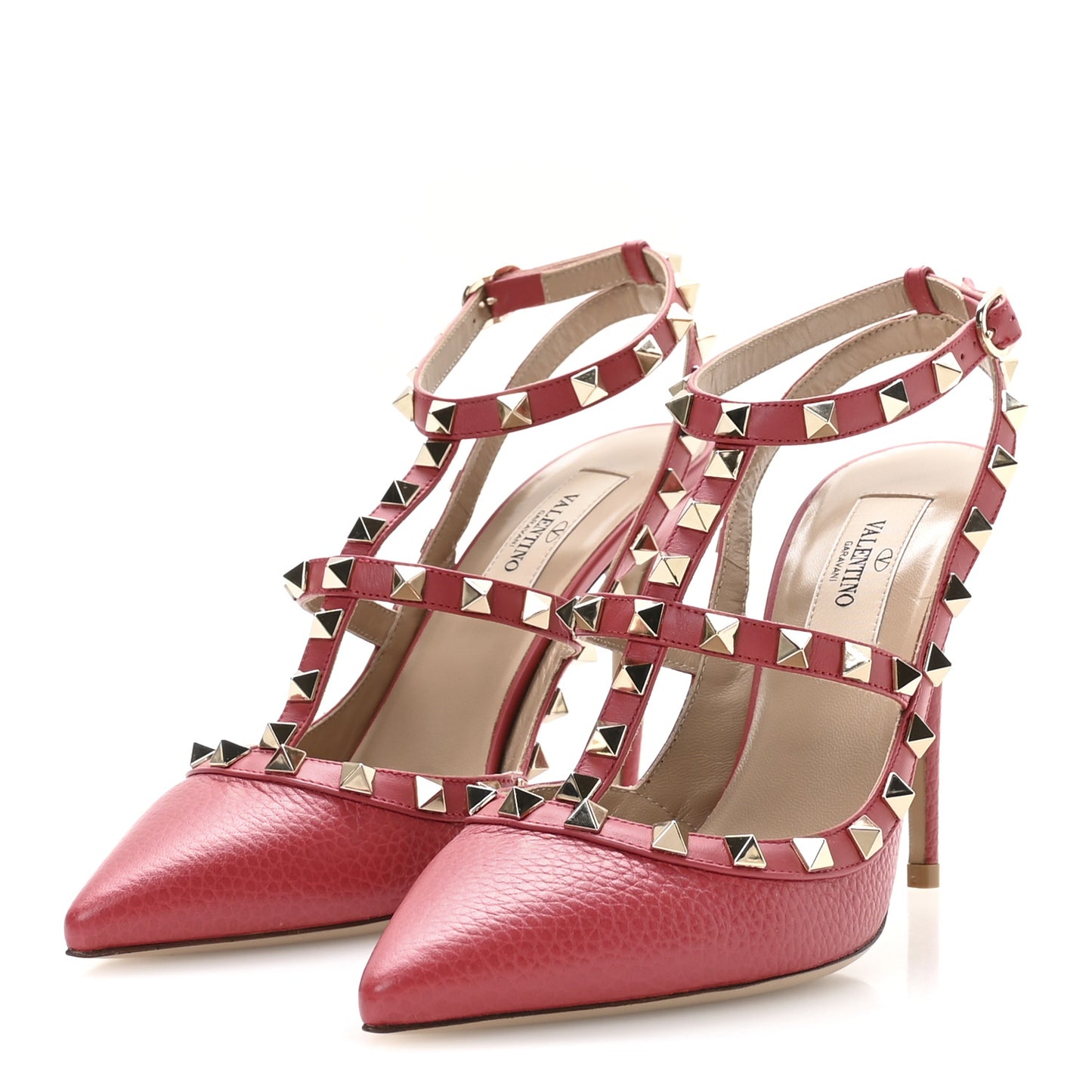 Pebbled Calfskin Rockstud Ankle Strap 100mm Pumps 37 Rock Pink
