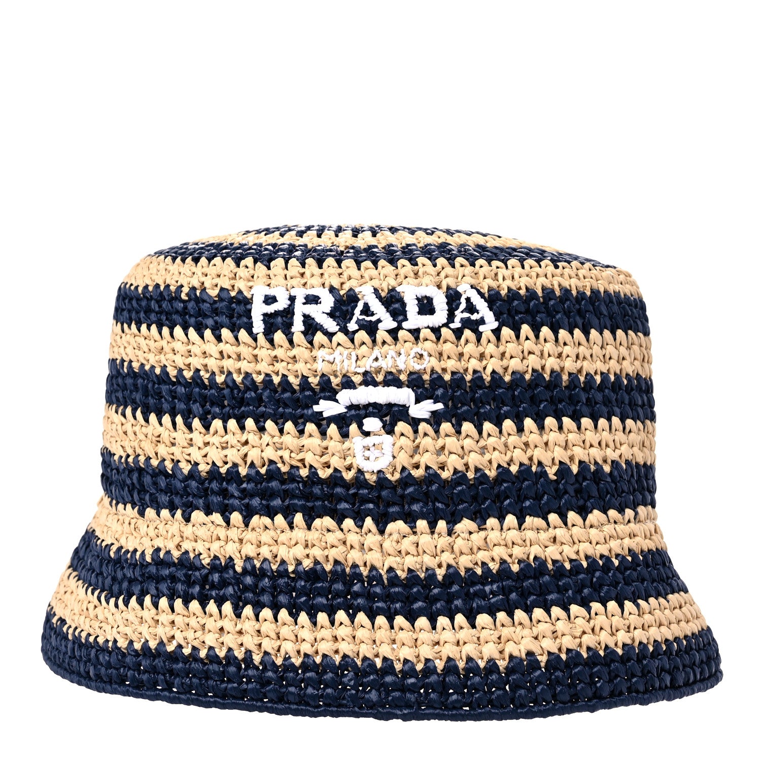Prada Raffia Striped Logo Embroidered Womens Bucket Hat M Naturale Baltico 3 of 7