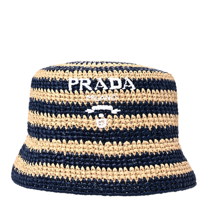 Prada Raffia Striped Logo Embroidered Womens Bucket Hat M Naturale Baltico 3 of 7