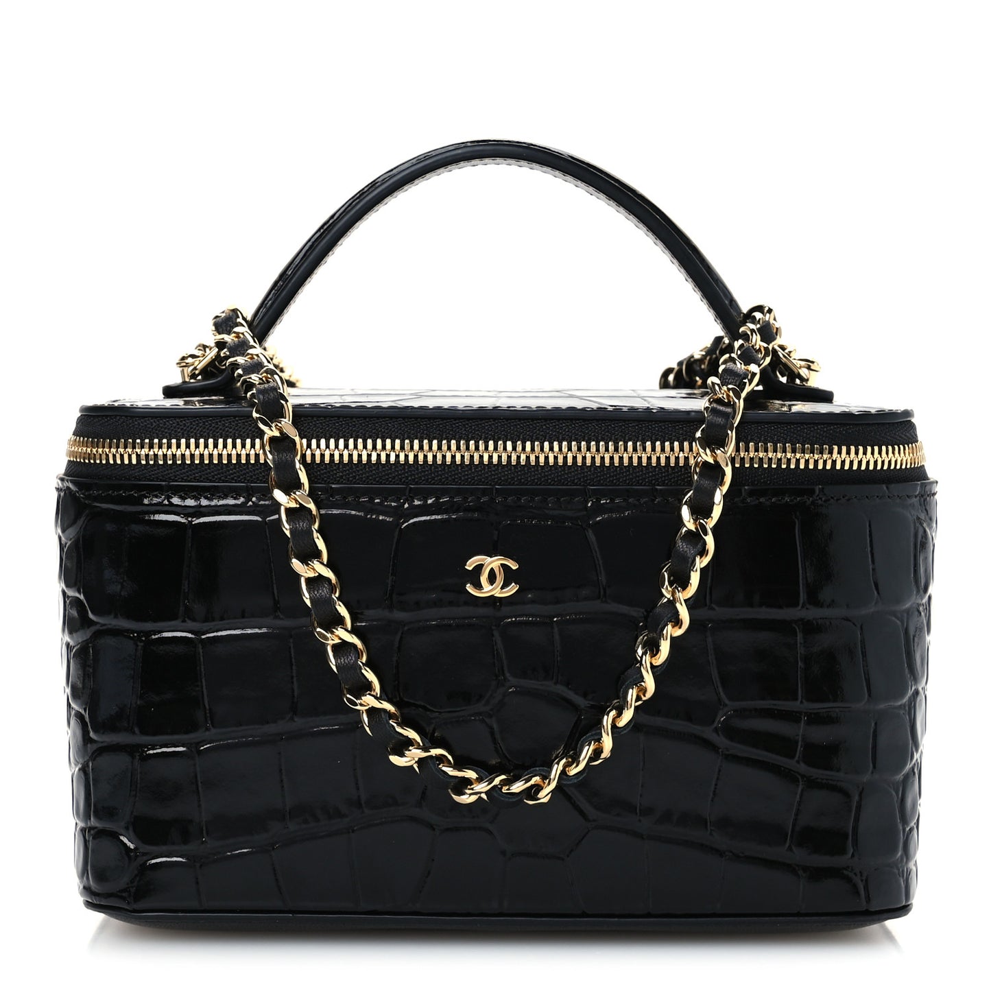 Calfskin Crocodile Embossed Exoticoco Small Top Handle Vanity Case With Chain Black