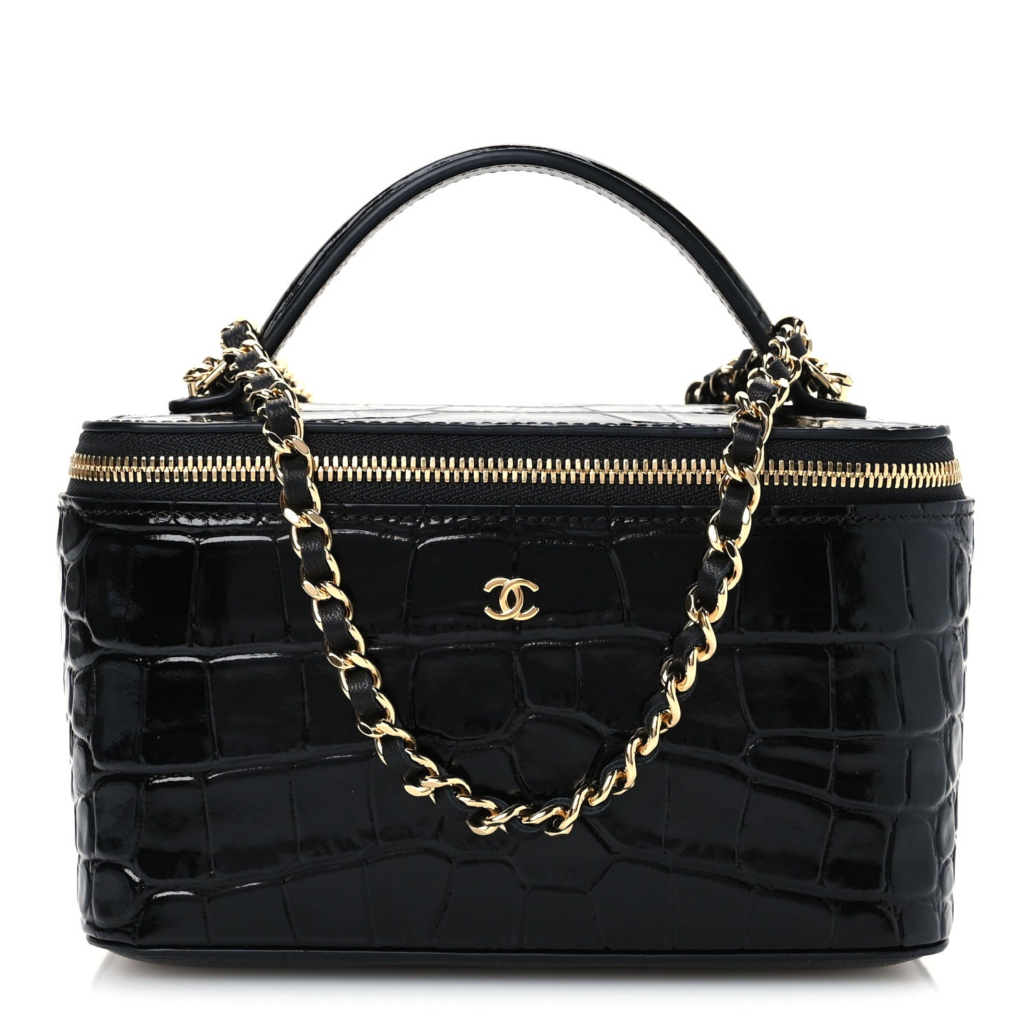 Chanel Calfskin Crocodile Embossed Exoticoco Small Top Handle Vanity Case With Chain Black 1 of 9