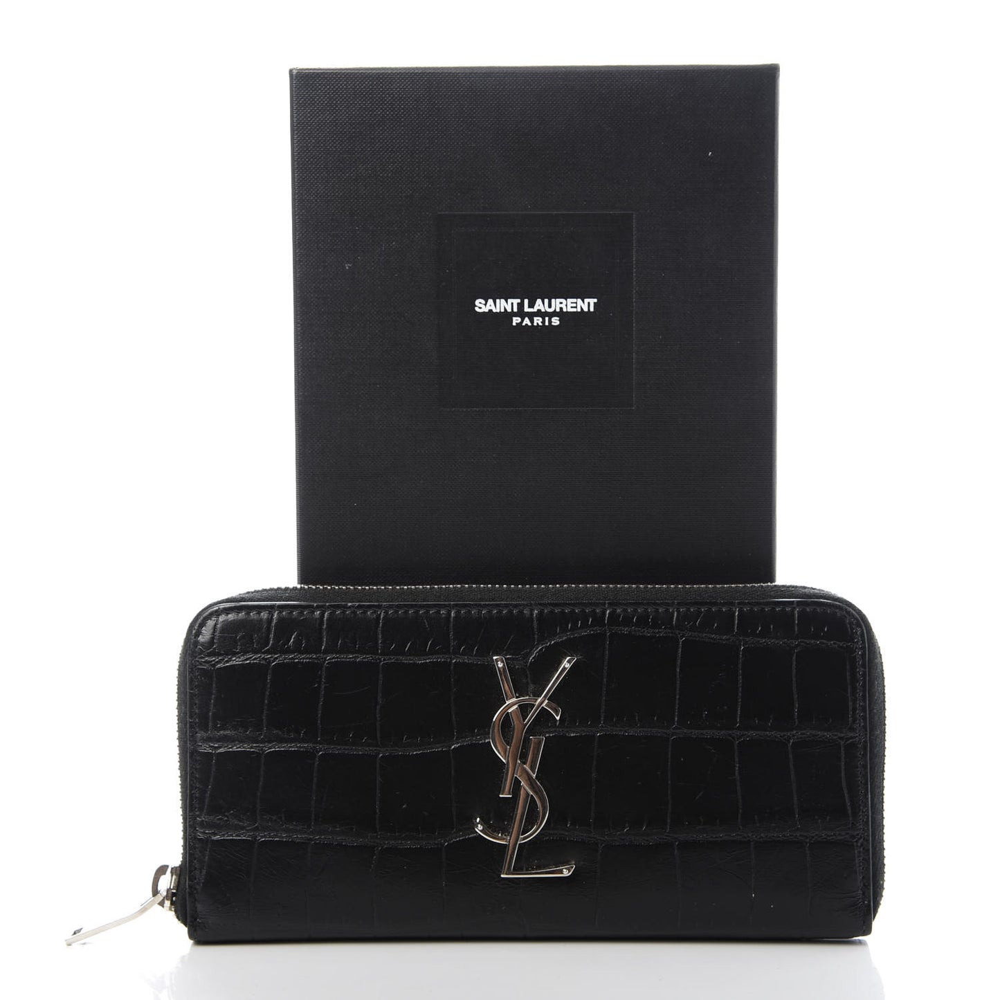 Calfskin Crocodile Embossed Monogram Zip Around Wallet Black