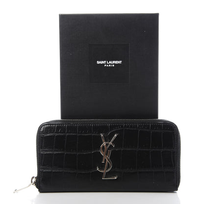 Saint Laurent Calfskin Crocodile Embossed Monogram Zip Around Wallet Black 9 of 9