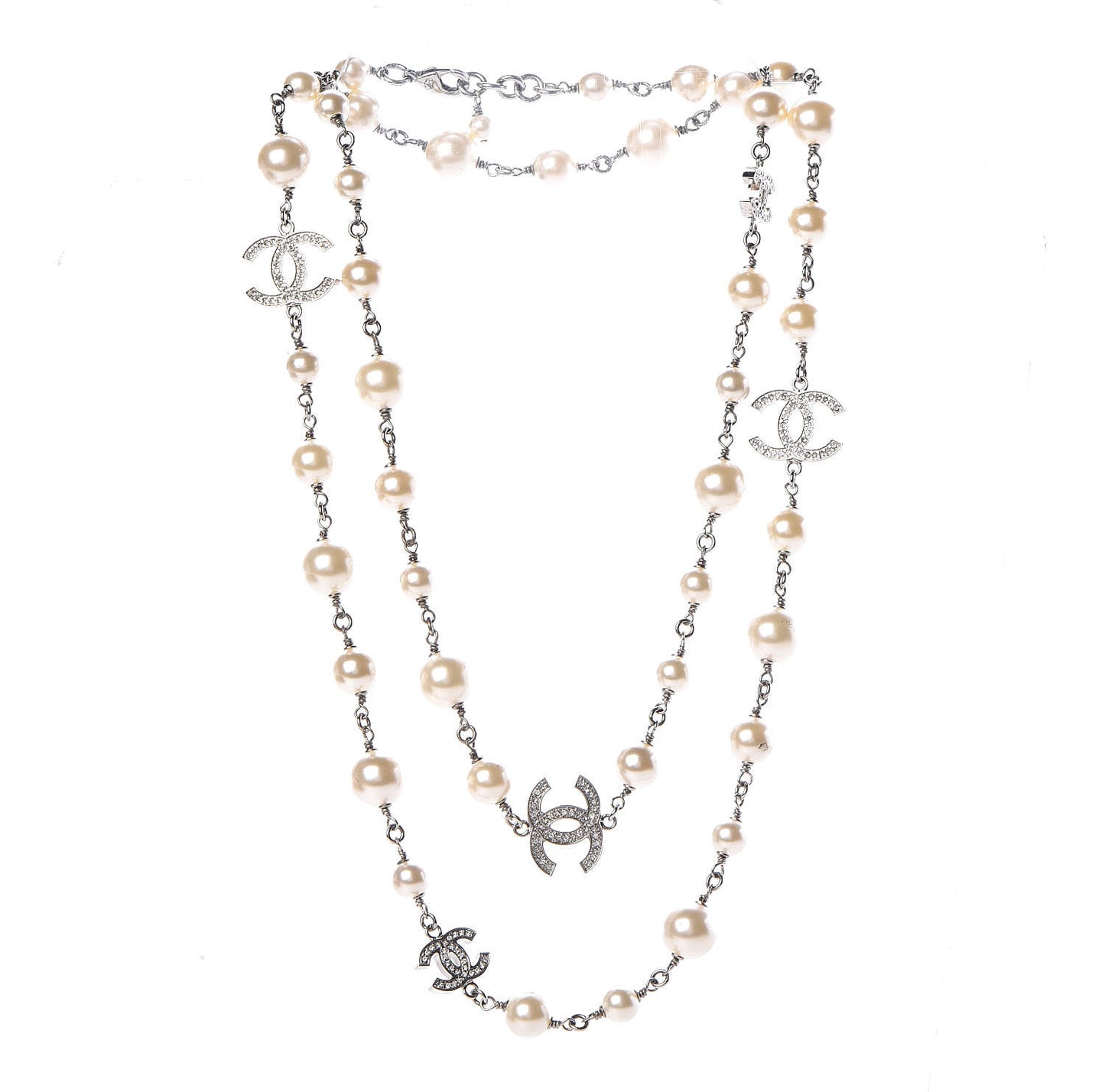 Crystal Pearl CC Long Necklace Silver