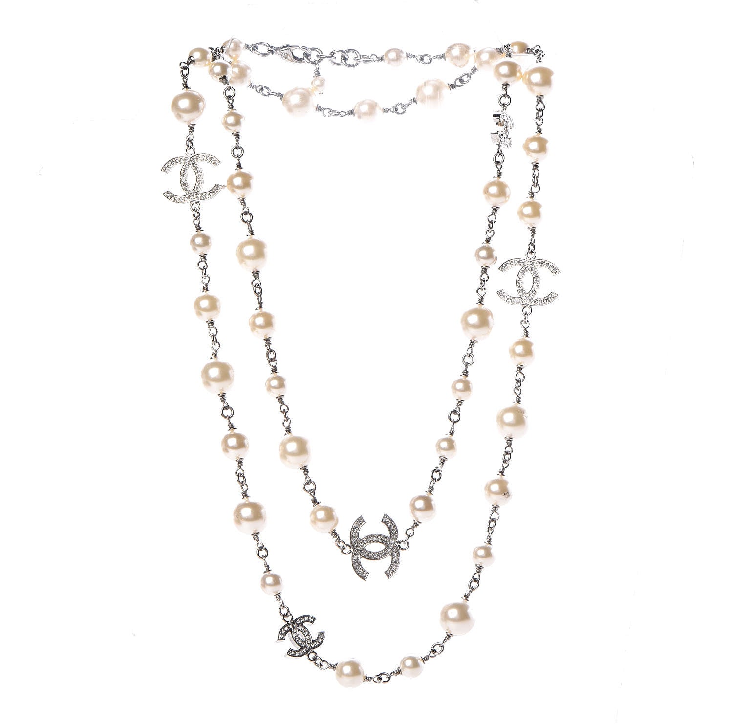 Chanel Crystal Pearl CC Long Necklace Silver 3 of 5