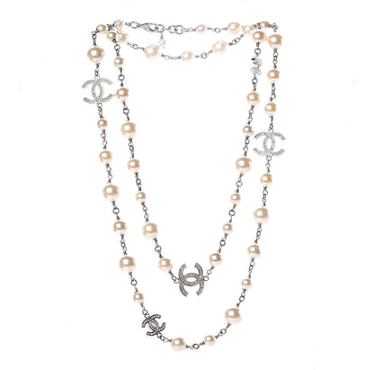 Chanel Crystal Pearl CC Long Necklace Silver 3 of 5