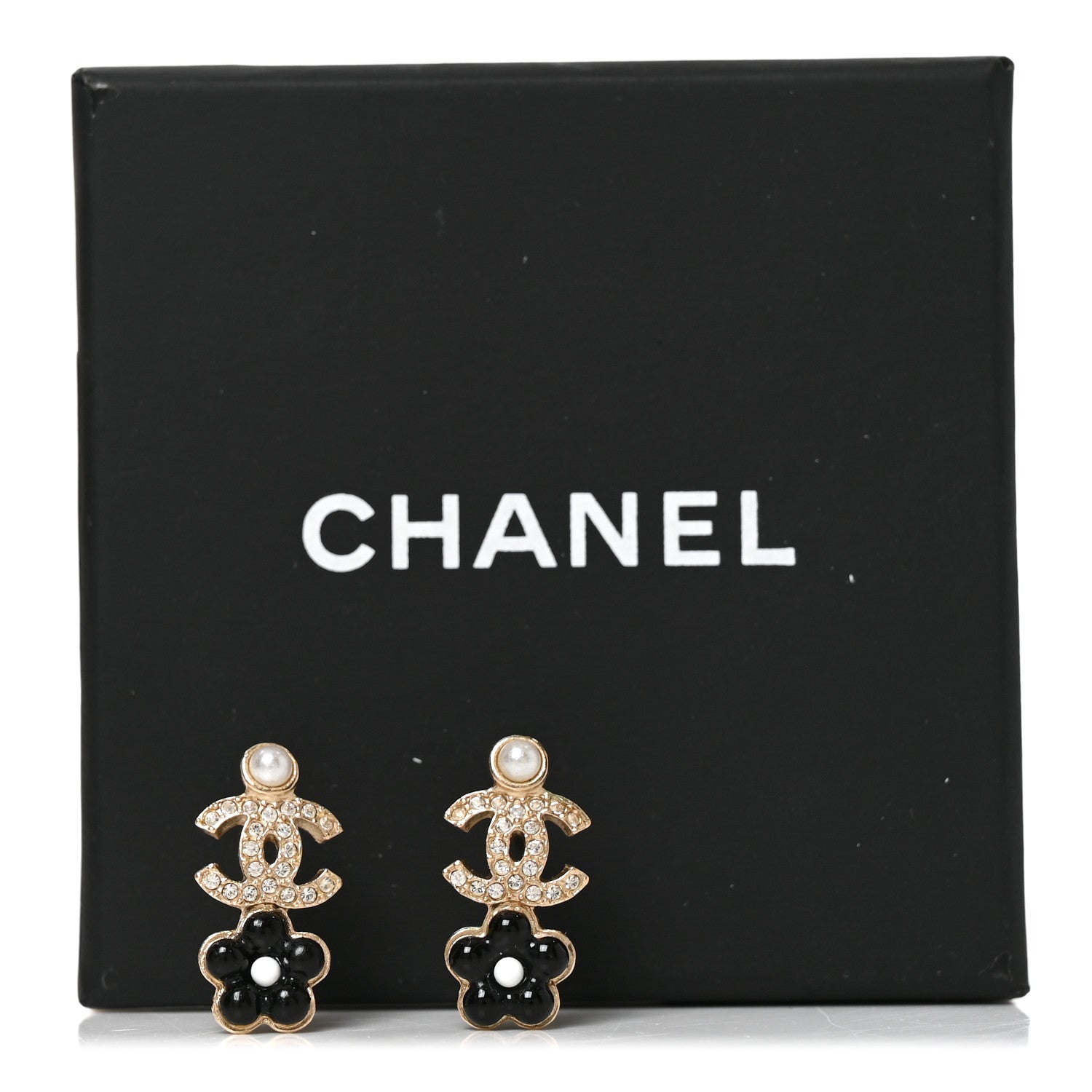 Chanel Crystal Pearl CC Flower Earrings Black Gold 5 of 5