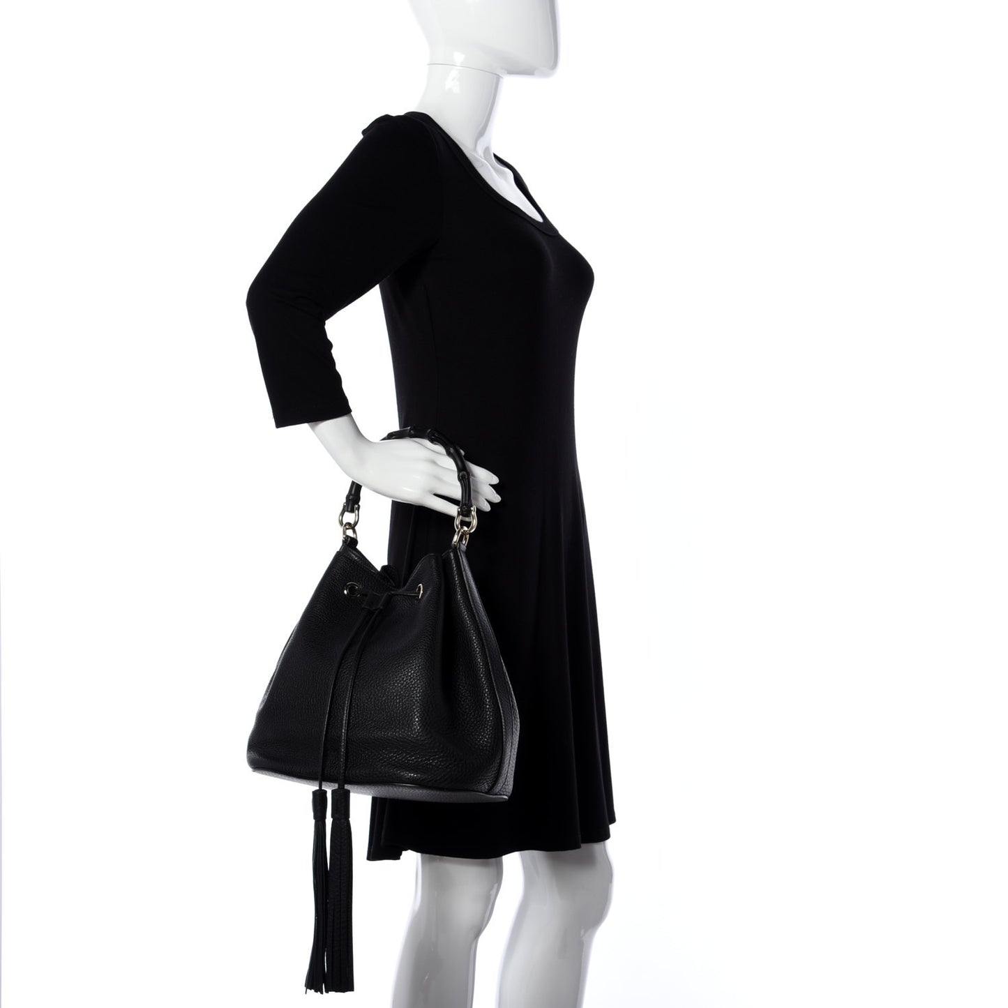 Pebbled Calfskin Miss Bamboo Bucket Bag Black