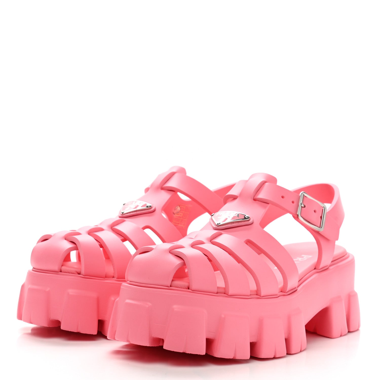 Prada Foam Rubber Metal Triangle Logo Monolith 55mm Cage Sandals 40 Begonia 3 of 9